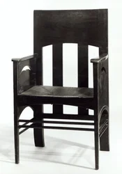 アームチェア、c.1897（ラッシュシートとピアスを施したサイドパネルを備えたダークステインオーク）